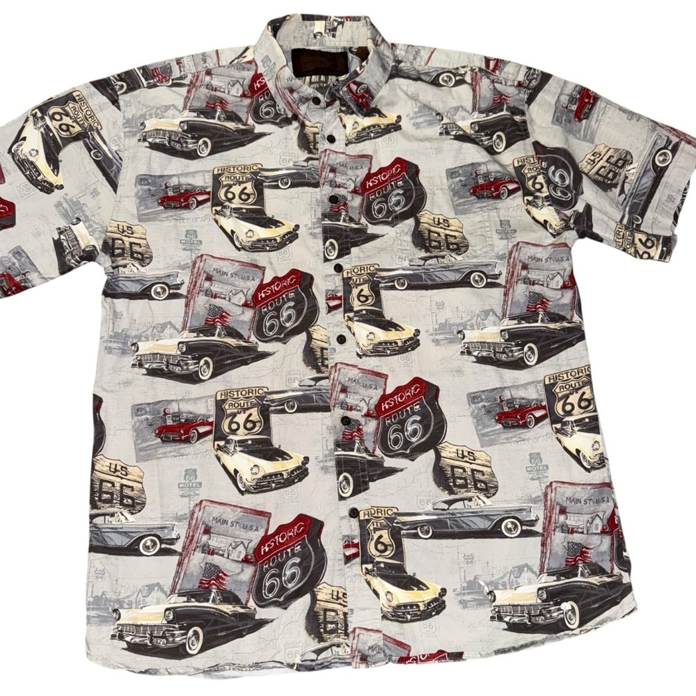 Bluff Creek Route 66 Print Button-Up Shirt XL Vintage Cars Travel Theme - Picture 2 of 6
